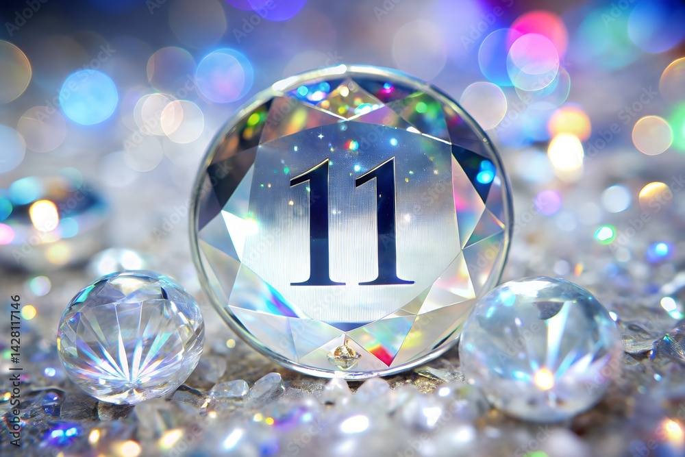 Radiant Crystal Number 11 with Zodiac Engravings – Luxurious Translucent Design on White Background