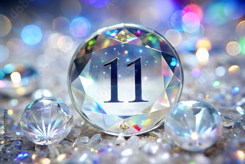 Obraz na płótnie Radiant Crystal Number 11 with Zodiac Engravings – Luxurious Translucent Design on White Background w salonie