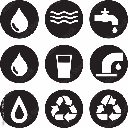 Black and white water conservation and recycling icon set vector design