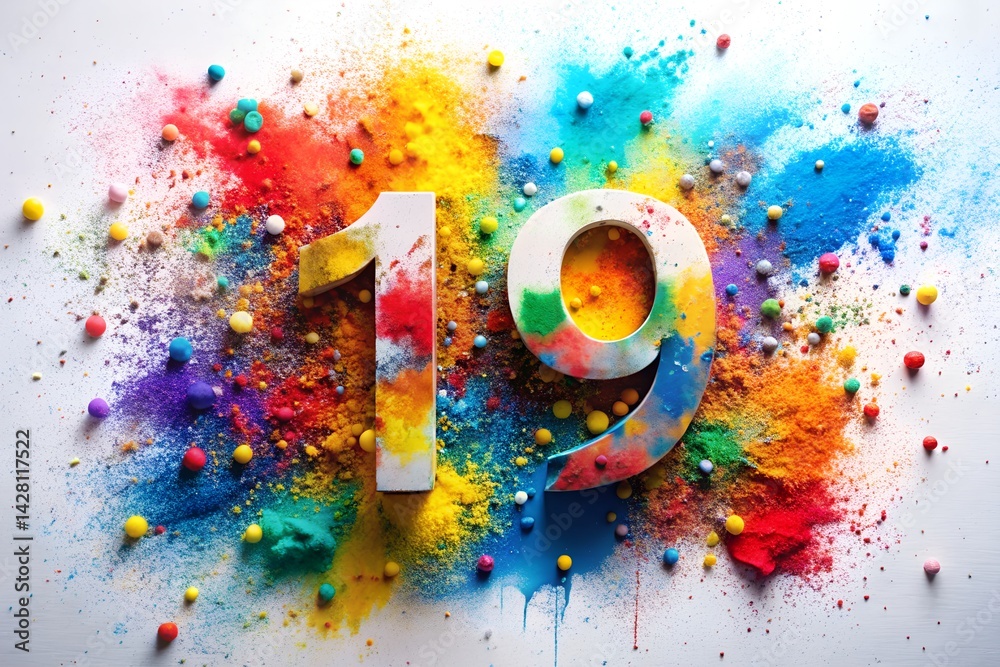 Bold Abstract Number 19 with Zodiac-Inspired Brushstrokes, Paint-Splatter Confetti, Dynamic Design