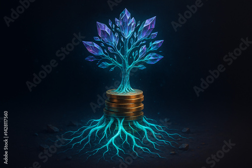 A glowing tree with crystal leaves grows from a stack of coins, symbolizing prosperity and growth in a mystical environment.