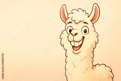 A cheerful cartoon llama with a fluffy coat and a big smile against a soft, gradient background.