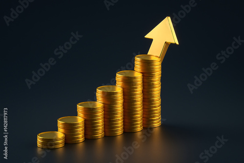 A stack of golden coins arranged in ascending order, with an upward arrow indicating growth or increase in value.