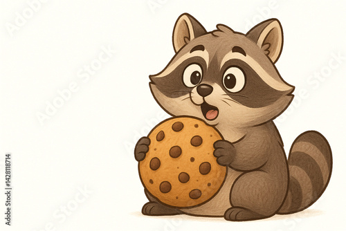 A cute cartoon raccoon happily holds a large cookie, showcasing a playful and whimsical character.