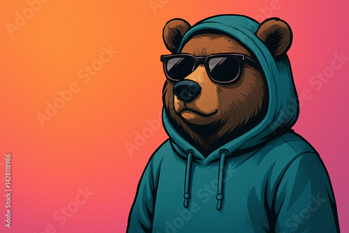 A stylized bear wearing sunglasses and a hoodie, set against a vibrant, colorful gradient background.