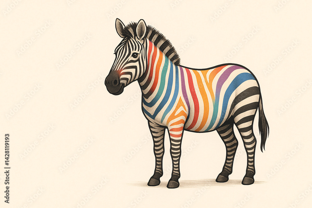 Fototapeta premium A colorful zebra with vibrant, rainbow stripes, blending natural beauty with artistic creativity.