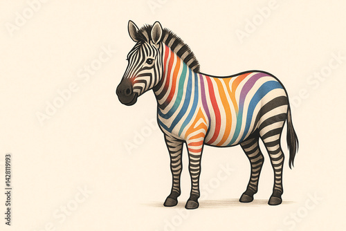 A colorful zebra with vibrant, rainbow stripes, blending natural beauty with artistic creativity.