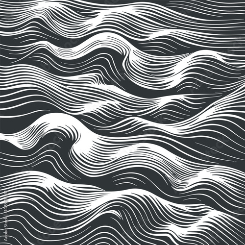 Vector abstract linocut wave poster template. Modern trendy minimal style. Black and white colors. Botanical blockprint. Pattern design for wallpaper, wall decor, print, postcard, cover, template.