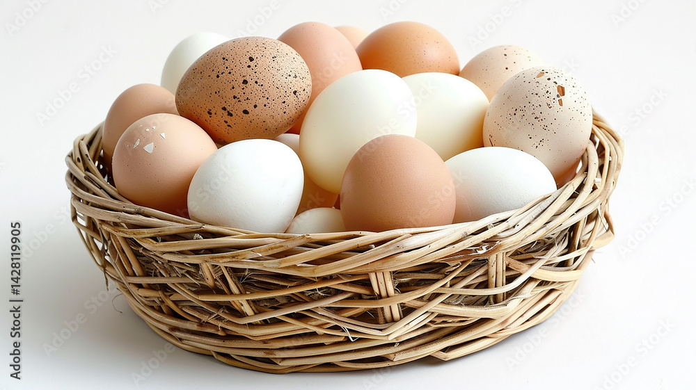 chicken eggs in a beautiful basket, fresh farm produce chicken eggs in a beautiful basket, fresh farm produce