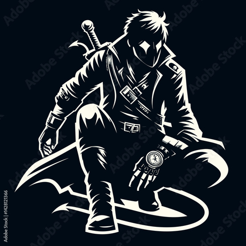 Dark Hero with Sword and Gauntlet in Shadowy Setting  