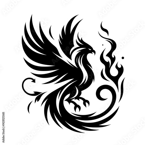 Tribal phoenix design with flames in black and white  