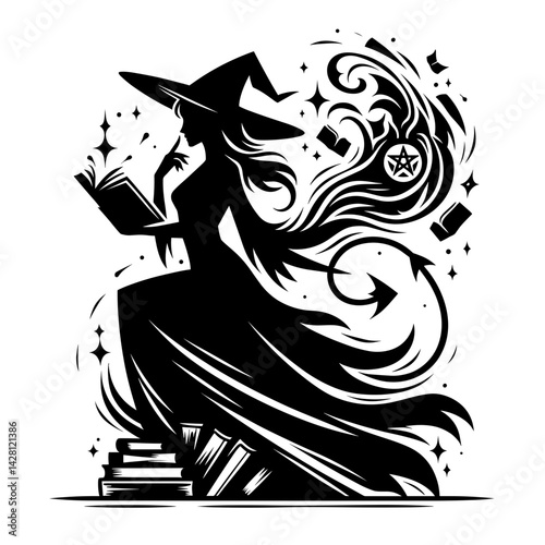 Elegant Witch Casting Spells with a Magical Book in Black and White  