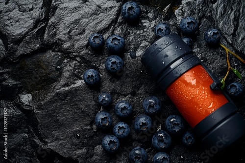 Fresh blueberry smoothie in portable blender on dark stone