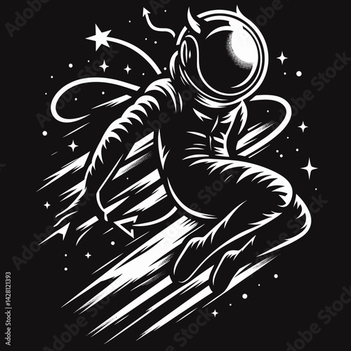 Astronaut performing a dynamic jump in a starry space background  