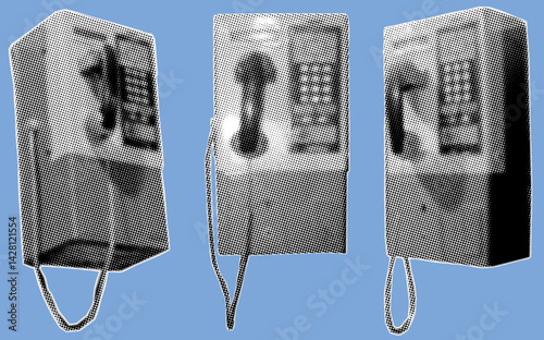 close up of the public pay phone pixelate grayscale color halftone dotted texture style collage element isolated on blue background