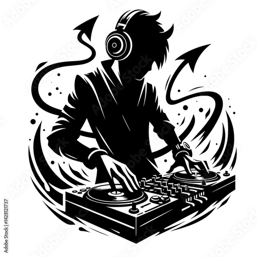 DJ mixing music in a dynamic black and white illustration  
