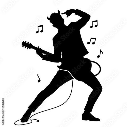 Rock Musician Playing Guitar Silhouette with Musical Notes  