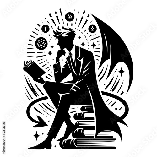 Thoughtful Scholar Reading Book Surrounded by Mystical Symbols  