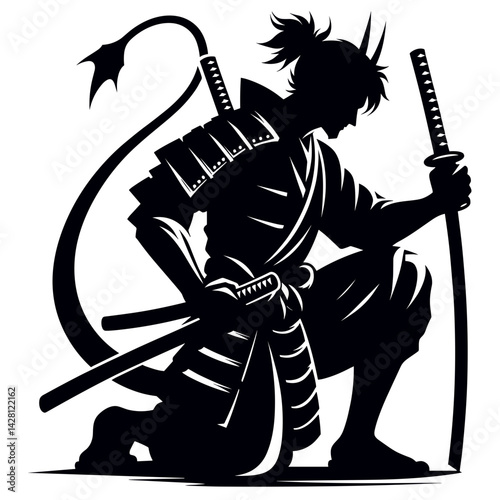 Samurai kneeling in contemplation with swords against a dark background  