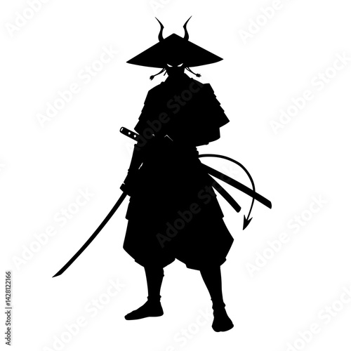 Samurai silhouette wielding katana against plain background  