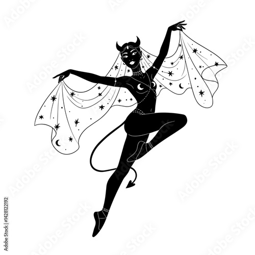 Devil dancer performing gracefully in a starry night scene  