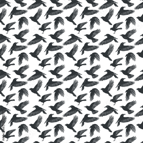 Vector seamless pattern linocut with birds. Modern trendy minimal style. Black and white colors. Botanical blockprint. Hand drawn design for wallpaper, wall decor, print, postcard, cover, template.