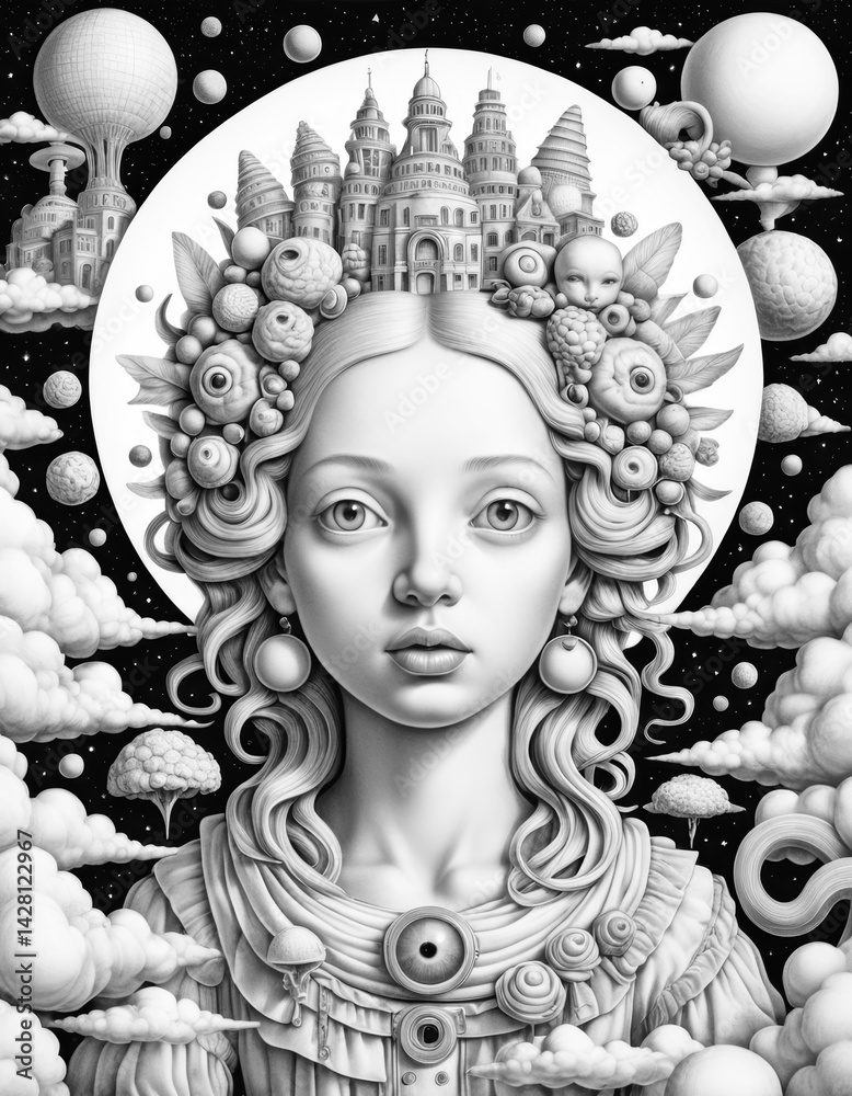 Surreal Portrait Coloring Page Illustration