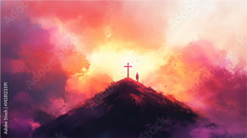 Vector illustration of Christian Crosse stand powerful symbol of Crucifixion on hill, commemorating sacrifice Jesus Christ, God love, spirit of Easter