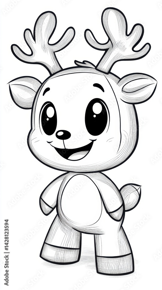 Obraz premium Adorable and playful cartoon character of a little reindeer with antlers in a simple black line art style