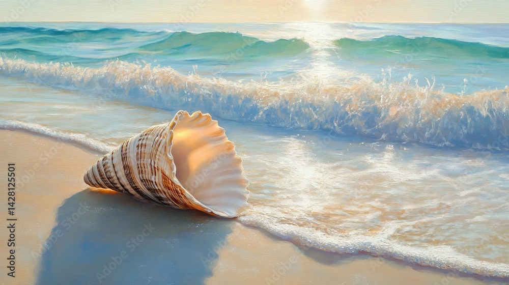 Serene Sunlit Seashell on Sandy Shore with Gentle Morning Waves Serene Sunlit Seashell on Sandy Shore with Gentle Morning Waves