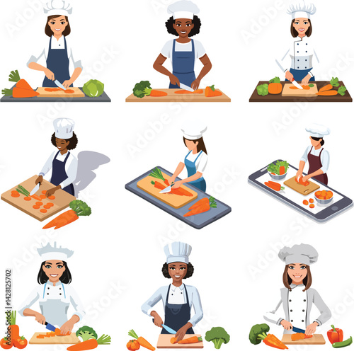 Female Chef cut carrot vegetable cooking
