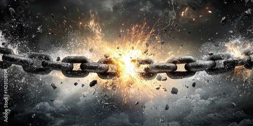 Chains falling apart illustrate the removal of oppression.