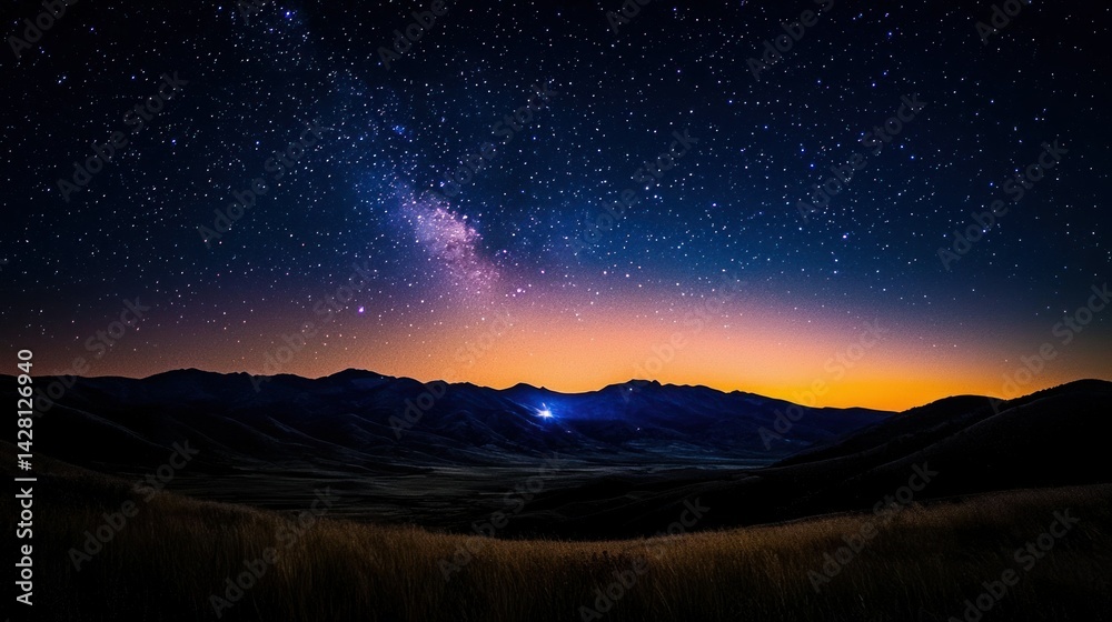 Fototapeta premium Beautiful starry night sky over mountain range landscape horizon