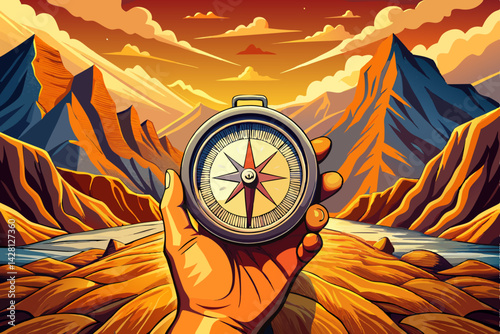 illustration of Man's hand holding a magnetic compass  vector of a high altitude path and mountains