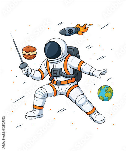  Astronaut in Space, Playing with a Pastry and a Planet