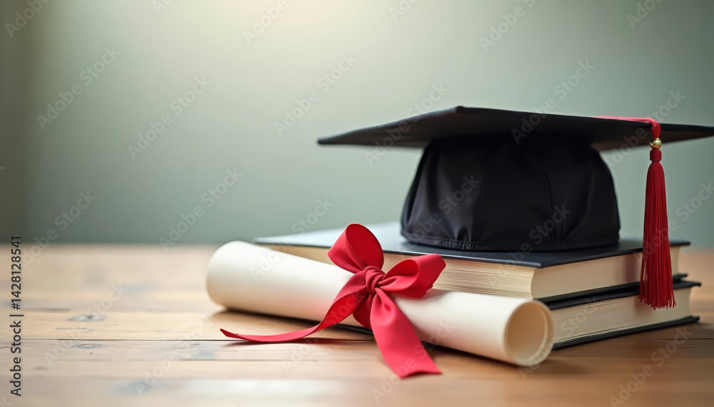 Graduation cap with red tassel, diploma tied with ribbon, and books. Education.