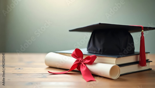 Obraz na płótnie Graduation cap with red tassel, diploma tied with ribbon, and books. Education. w salonie