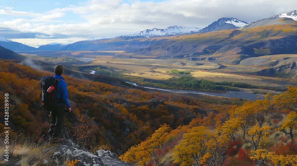 Obraz premium Backpacker Standing On A Scenic Cliffside, Gazing At A Valley Covered In Autumn Colors, Wind Rustling Through The Trees 