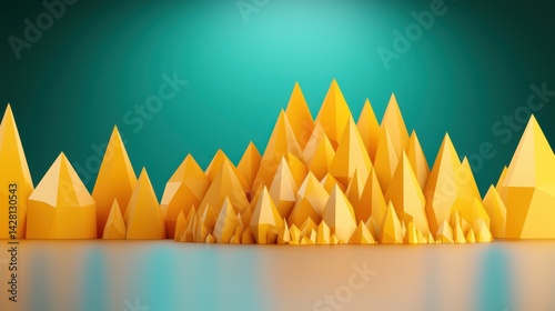 Abstract 3D Render of Yellow Geometric Mountains Against Teal Background