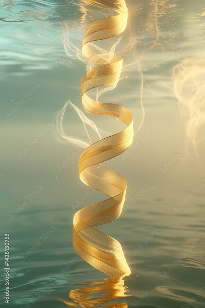 Obraz premium The photograph captures a mesmerizing scene of golden ribbons defying gravity, ascending through a serene sky, creating intricate shapes. The warm golden light and subtle grain texture enhance the dre