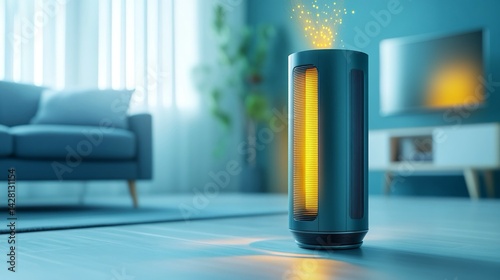 Riscaldatore elettrico appoggiato su pavimentio di un soggiorno, dal design moderno, contribuendo al comfort dell'ambiente.