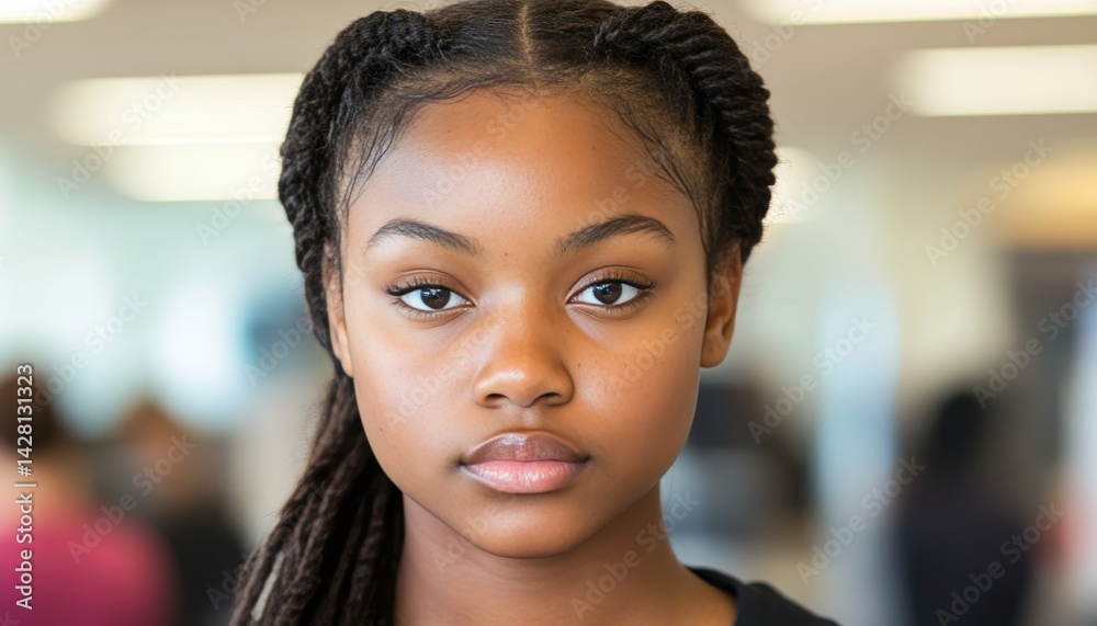 Obraz premium Serious Young Black Woman with Braided Hair Portrait of Confidence and Determination