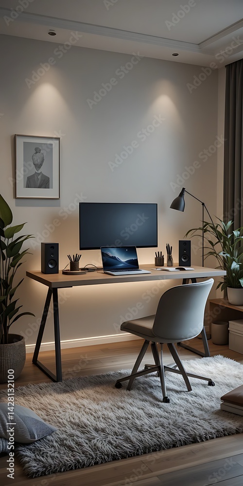 A modern desk setup featuring a sleek computer monitor, ergonomic chair, keyboard, mouse, and a potted plant, all arranged neatly in a well-lit, organized workspace. A modern desk setup featuring a sleek computer monitor, ergonomic chair, keyboard, mouse, and a potted plant, all arranged neatly in a well-lit, organized workspace.