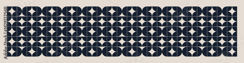 Mid century modern geometric pattern in navy blue and cream. Repeated and decorative design that can be used for packaging, decorating, interior design, wallpapers, banners and more.