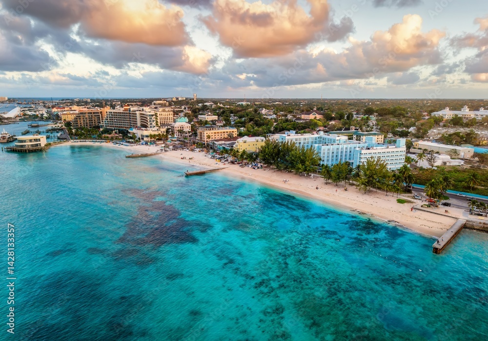 Aerial sunset view of Junkanoo beach at the Western Esplanade next to Nassau town, The Bahamas