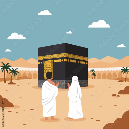An flat vector illustration depicting a couple in Hajj, standing in front of the Kaaba at Masjid al-Haram.