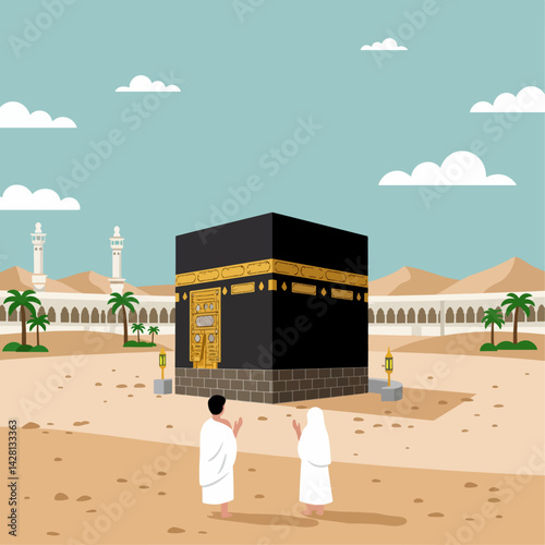 An flat vector illustration depicting a couple in Hajj, standing in front of the Kaaba at Masjid al-Haram.