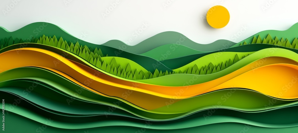 Abstract Paper Landscape, Green And Yellow Wave Pattern, Nature Inspired Layered Design, Modern Art Abstract Paper Landscape, Green And Yellow Wave Pattern, Nature Inspired Layered Design, Modern Art