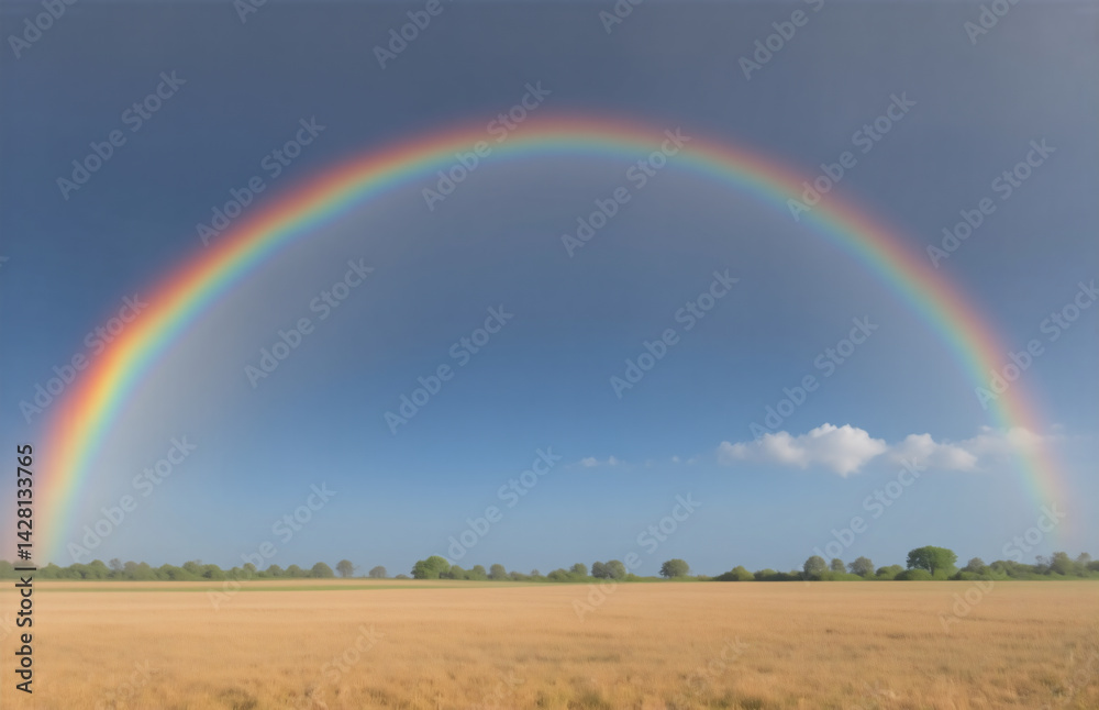 Obraz premium A vibrant rainbow arches across a clear, blue sky above a golden field. The image showcases nature's beauty, a peaceful landscape.