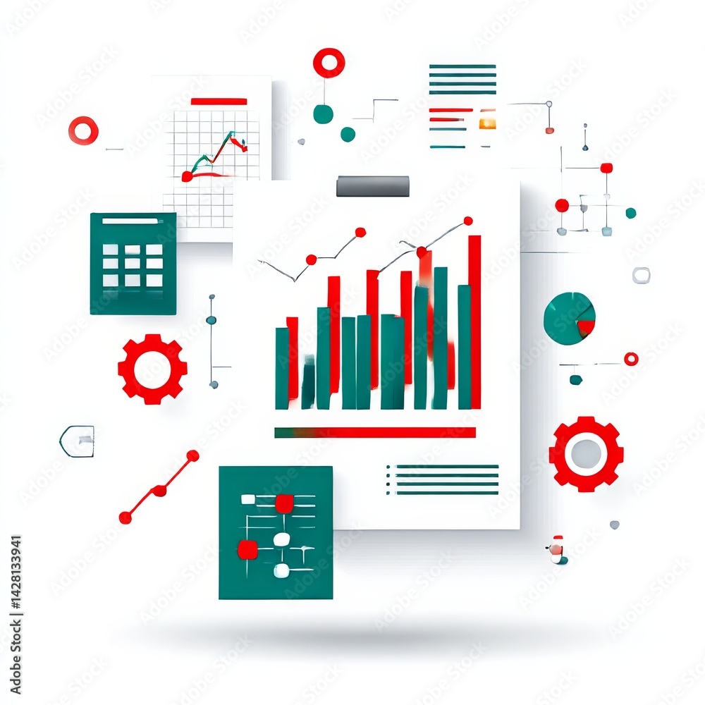 Obraz premium Analyzing Data: Financial Charts, Graphs, and Metrics Depicting Growth and Investment Strategy on White Background